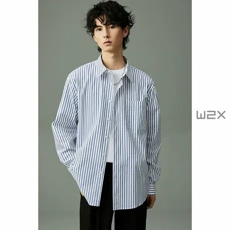 w2x春季条纹立领长袖衬衫男宽松廓形休闲衬衣时尚高级感轻奢寸衫商品大图