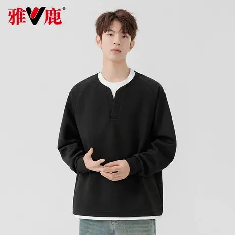 雅鹿假两件华夫格圆领卫衣男士2025春秋季新款长袖内搭休闲外套商品大图