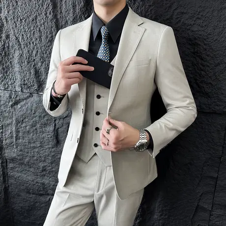 意式高端半麻衬两粒扣双开杈西装男修身垂感外套潮流痞帅西服套装图片