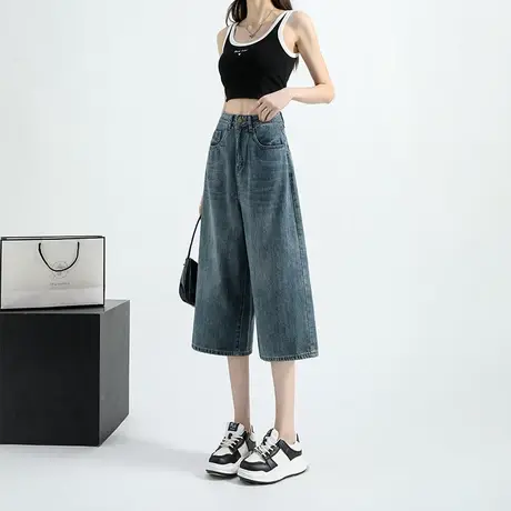 复古蓝阔腿牛仔裤女夏季2023年新款小个子高腰显瘦遮肉垂感七分裤商品大图
