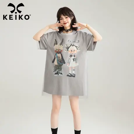 KEIKO 布偶印花系列灰色短袖t恤夏季亚文化薄纱拼接宽松半袖上衣商品大图