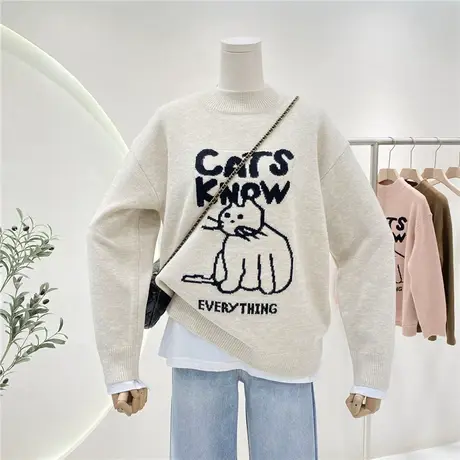复古提花小猫宽松显瘦中领针织毛衣女2022秋冬加厚保暖外穿上衣图片