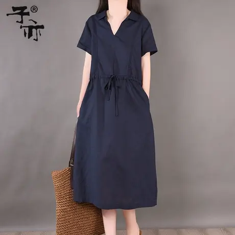 子亦夏季新款苎麻宽松纯色系带收腰多码v领棉麻短袖连衣裙图片
