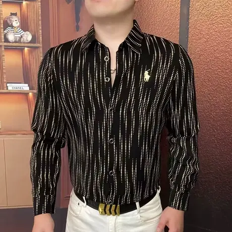 欧货春秋季新款长袖衬衫轻奢时尚潮流条纹衬衣轻熟风男装免烫上衣图片