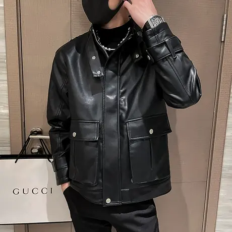 秋季男士夹克外套男装茄克上衣工装立领休闲潮流个性潮牌口袋皮衣商品大图