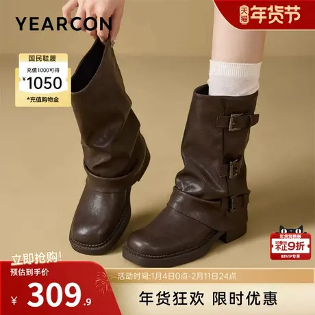 意尔康女鞋2025冬季加绒保暖粗跟裤管靴美拉德中筒靴女士休闲复古图片