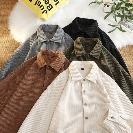 港风灯芯绒衬衫男秋冬季潮流长袖衬衣宽松上衣ins潮牌纯色休闲寸商品大图