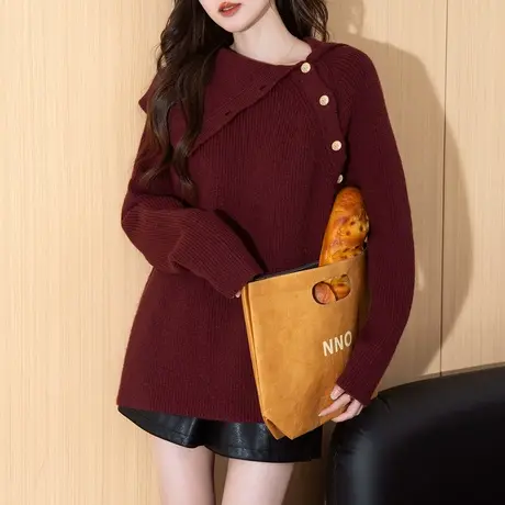 唐狮秋冬名媛风可正常可一字肩设计套头时尚减龄高级感毛衣女TM图片