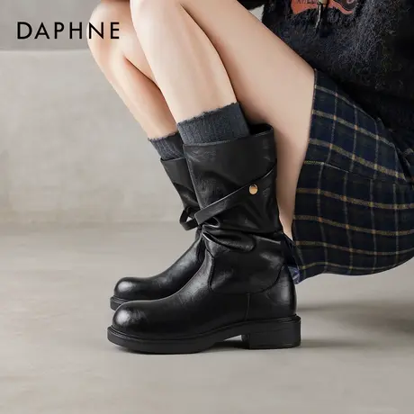 达芙妮黑色堆堆短靴女2026新款冬季加绒瘦瘦中筒靴骑士女靴马丁靴商品大图