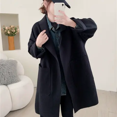中长款休闲双面呢外套女秋冬2023年新款宽松高级感小个子呢子大衣图片