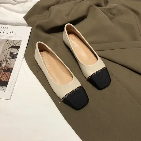 【真皮】小香风法式单鞋女2023秋季拼色软底平底奶奶鞋瓢鞋豆豆鞋商品大图