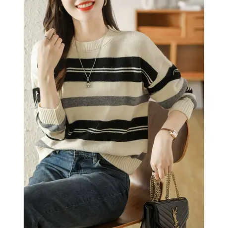 圆领套头针织衫女装2023新款秋冬季宽松上衣女士慵懒风条纹毛衣商品大图