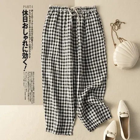 享永子格子亚麻休闲裤九分裤宽松显瘦哈伦裤棉麻女裤2023春夏新款商品大图