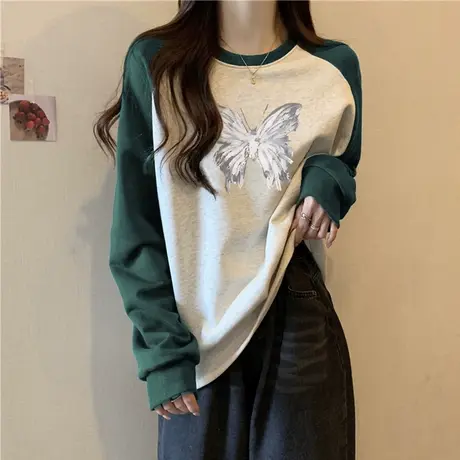 网红ins超火拼色加绒插肩长袖t恤女春秋冬外穿打底衫宽松内搭上衣图片