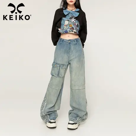 KEIKO [水洗做旧]复古感工装直筒牛仔裤秋冬美式高腰拖地阔腿裤子商品大图
