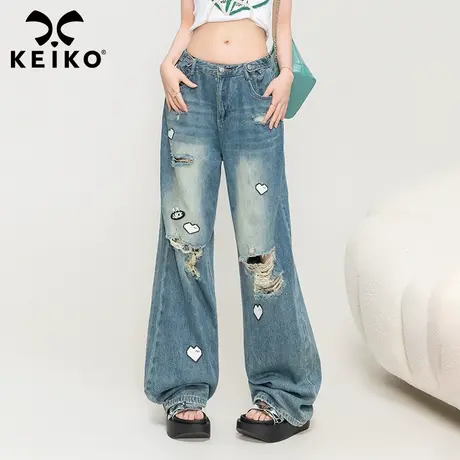 KEIKO/凯莉欧直筒破洞牛仔裤女夏季设计感贴花水洗做旧阔腿长裤子商品大图