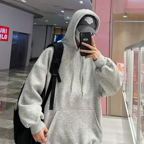 套头连帽卫衣男2023秋季新款百搭纯色简约宽松男生情侣装上衣外套商品大图