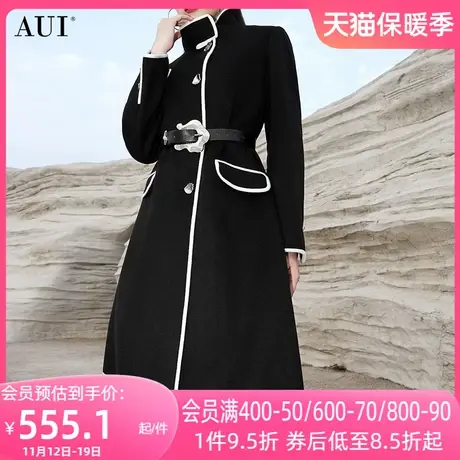 AUI黑色中长款过膝毛呢外套女2023冬季新款立领休闲修身呢子大衣图片