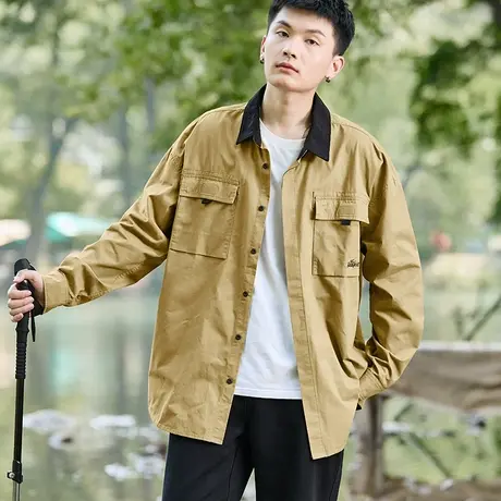 唐狮长袖衬衫男春秋季拼接灯芯绒上衣领子港式衬衣复古工装外套潮图片