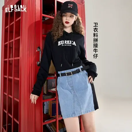 妖精的口袋拼接卫衣牛仔连衣裙女2024春秋新款长袖设计感显瘦裙子图片