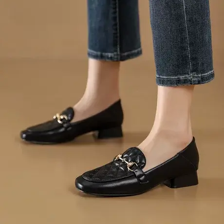 Safiya/索菲娅2023新款羊皮革深口菱格单鞋女一脚蹬粗跟乐福鞋女商品大图