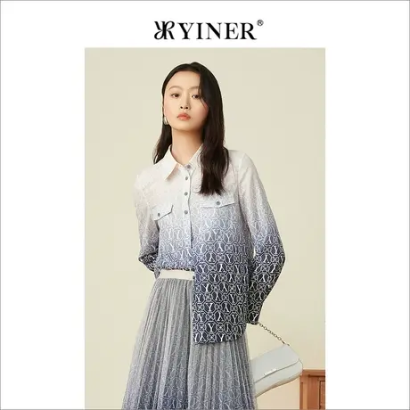 YINER音儿专柜女装2022春季新款印花LOGO渐变色蚕丝衬衫商品大图