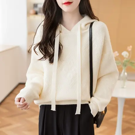 23076新款韩版宽松纯色连帽衫套头长袖上衣百搭毛衣针织衫毛衣图片