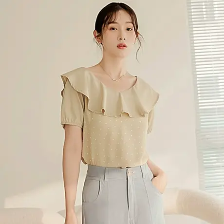 桔熊夏季浪漫甜美荷叶领泡泡袖圆点印花上衣女胖妹妹大码AB15808商品大图
