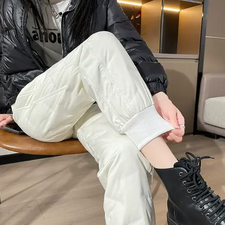 白色羽绒裤女白鸭绒外穿冬季新款高腰直筒防寒加厚棉裤束脚哈伦裤商品大图