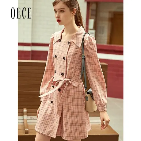 Oece春装新款女装复古英伦双排扣中长款风衣韩版收腰修身外套商品大图