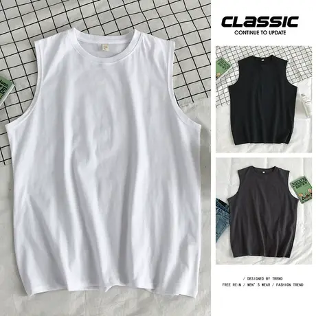 夏季薄款背心男纯色休闲运动潮牌ins篮球打底圆领港风宽松无袖T恤图片