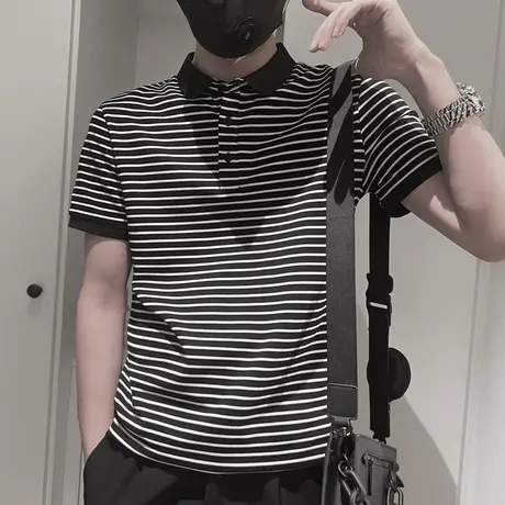 夏季男polo衫t恤短袖时尚休闲修身翻领半袖刺绣潮流条纹百搭体恤商品大图