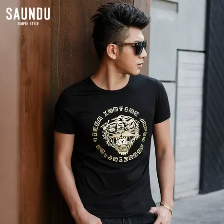 t恤短袖男潮2025新款上衣服黑色圆领烫金老虎头印花半袖修身体恤商品大图