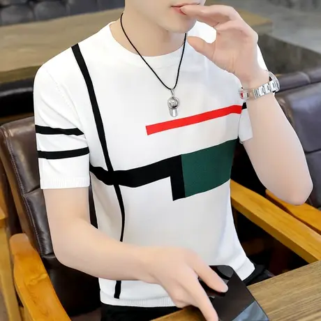 冰丝针织短袖衣服男夏季潮流薄款冰感凉爽撞色提花条纹半袖t恤衫商品大图