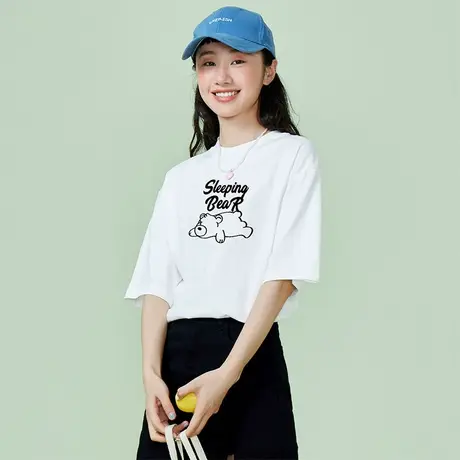 真维斯Z+夏季女款纯棉短袖上衣植绒字母可爱小熊印花街头休闲T恤商品大图