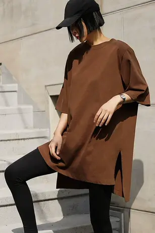 纯诗曼短袖t恤女中长款夏季新款宽松显瘦内搭圆领开叉休闲上衣潮图片