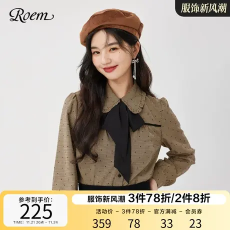 Roem商场同款时尚甜美花边翻领蝴蝶领结复古风波点格纹衬衫女图片