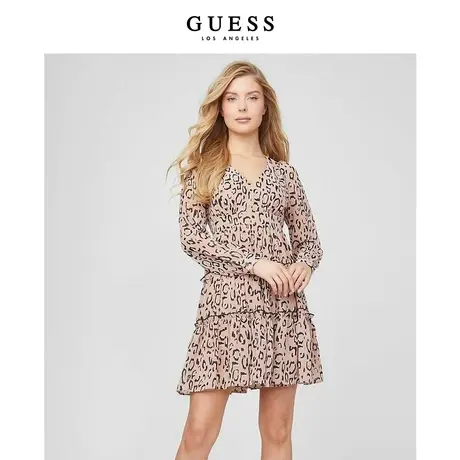 【38上新季】GUESS新女士法式高级感豹纹印花V领收腰长袖连衣裙图片