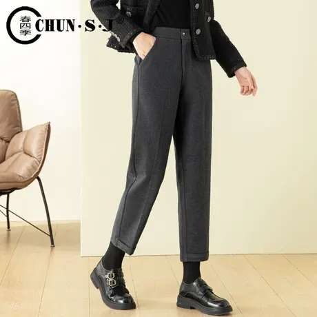 灰色毛呢裤女小个子裤子秋冬季2023新款卷边西装裤高腰锥版哈伦裤图片