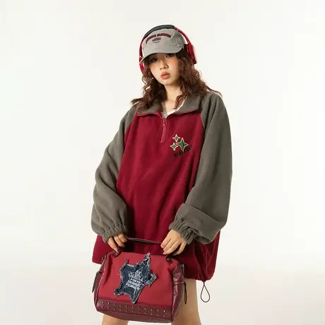 YEP套头复古立领外套女春秋2023新款拼接ins潮牌宽松oversize夹克商品大图