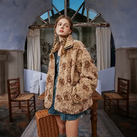 潮牌设计感咖色棉服女夹棉冬季外套2023年新款复古宽松小格子棉衣图片