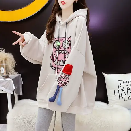 加绒加厚连帽卫衣外套女2024新款春季宽松设计感百搭oversize上衣图片
