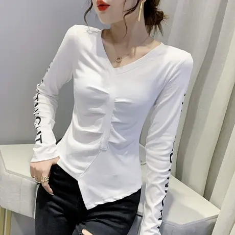 2024春秋装新款不规则T恤设计感小众上衣洋气百搭V领打底衫女长袖商品大图