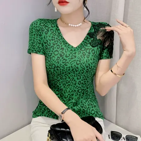 网纱拼接V领T恤女短袖欧货时尚豹纹上衣2024新款洋气个性修身小衫商品大图