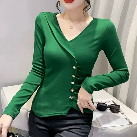 时尚不规则长袖T恤女气质设计感褶皱V领上衣百搭收腰打底衫春秋款商品大图