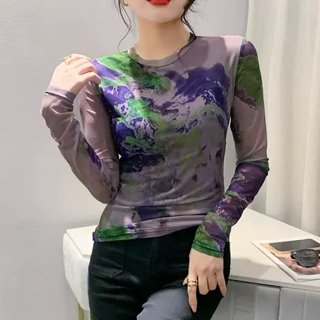 欧货印花打底衫女长袖时尚拼色复古气质雪纺衫气质圆领修身上衣秋图片