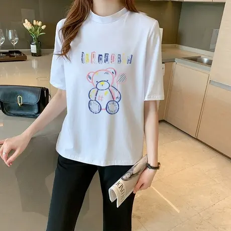 纯棉短袖t恤女2025年夏季新款卡通印花大版体恤潮宽松小立领上衣商品大图