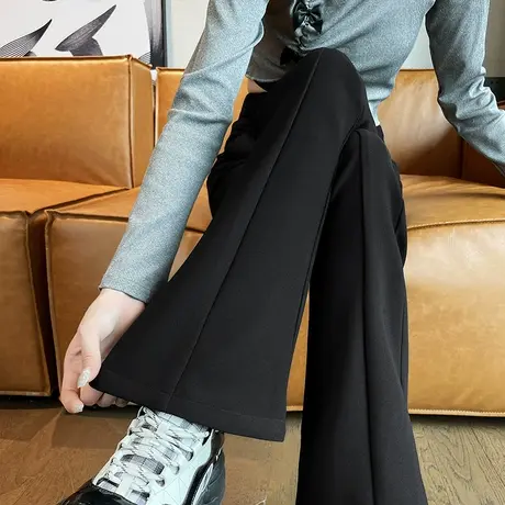 黑色微喇西装裤女春秋新款高腰垂感修身显瘦直筒小个子休闲喇叭裤商品大图