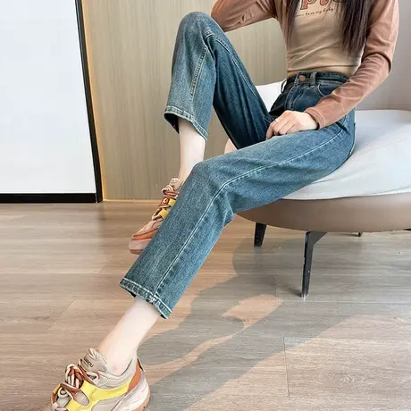 九分直筒牛仔裤女2023春秋季新款高腰显瘦法棍裤小个子修身烟管裤商品大图