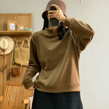 dza 复古拼接纯色高领上衣女秋冬洋气内搭纯色打底衫宽松显瘦T恤商品大图